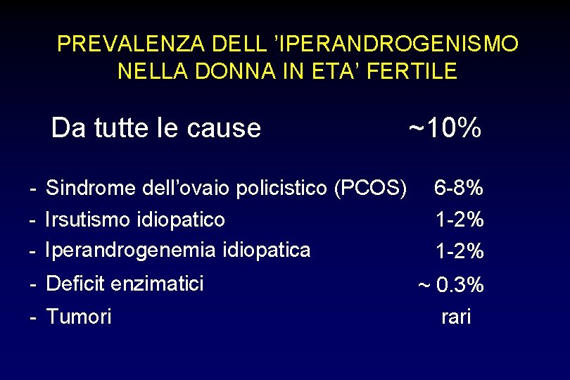 PREVALENZA DELL ’IPERANDROGENISMO NELLA DONNA IN ETA’ FERTILE Da tutte le cause ~10% -