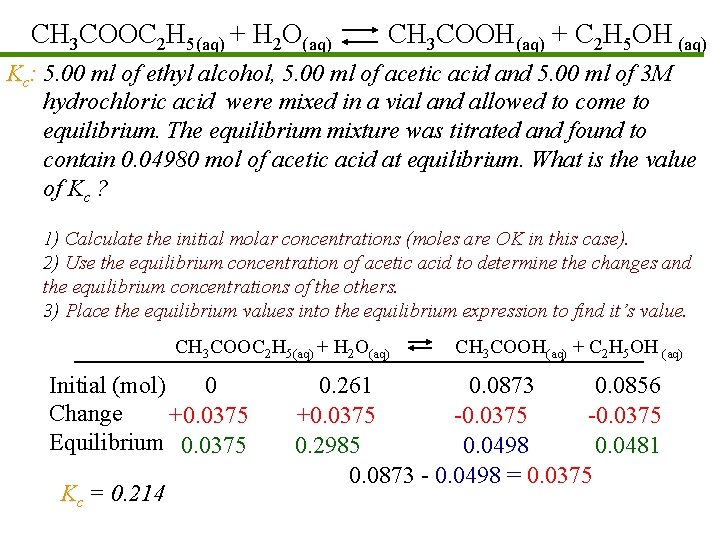 CH 3 COOC 2 H 5(aq) + H 2 O(aq) CH 3 COOH(aq) +