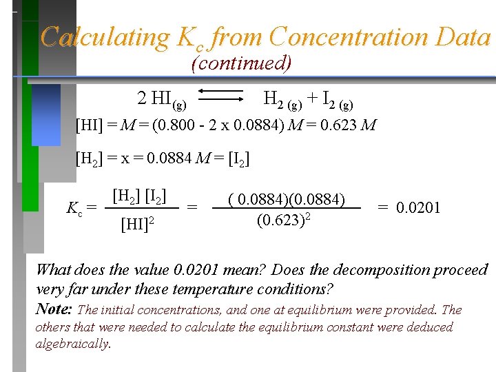 Calculating Kc from Concentration Data (continued) 2 HI(g) H 2 (g) + I 2