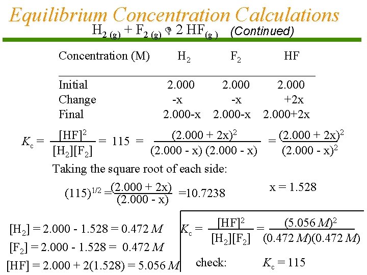 Equilibrium Concentration Calculations H 2 (g) + F 2 (g) 2 HF(g ) (Continued)