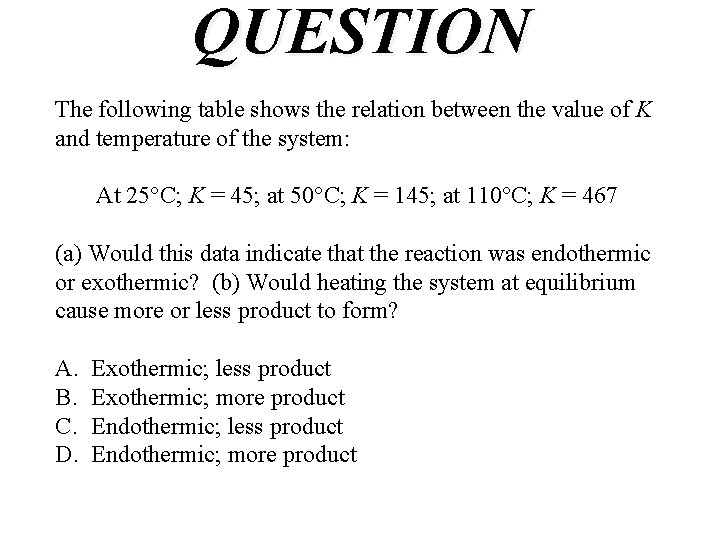 QUESTION The following table shows the relation between the value of K and temperature