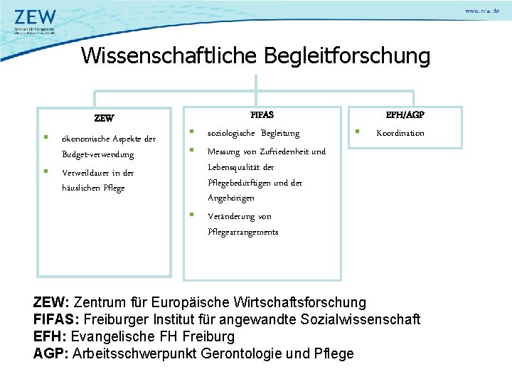 Wissenschaftliche Begleitforschung ZEW § § ökonomische Aspekte der Budget-verwendung Verweildauer in der häuslichen Pflege