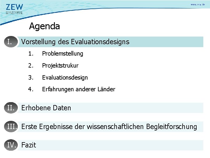 Agenda I. Vorstellung des Evaluationsdesigns 1. Problemstellung 2. Projektstrukur 3. Evaluationsdesign 4. Erfahrungen anderer