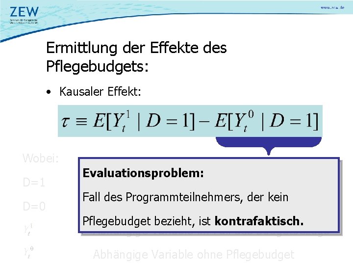 Ermittlung der Effekte des Pflegebudgets: • Kausaler Effekt: Wobei: D=1 D=0 Evaluationsproblem: Person in