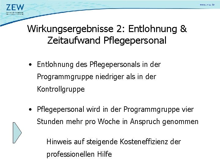 Wirkungsergebnisse 2: Entlohnung & Zeitaufwand Pflegepersonal • Entlohnung des Pflegepersonals in der Programmgruppe niedriger