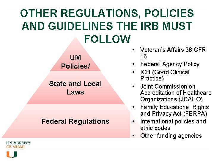 OTHER REGULATIONS, POLICIES AND GUIDELINES THE IRB MUST FOLLOW UM Policies/ Procedures State and