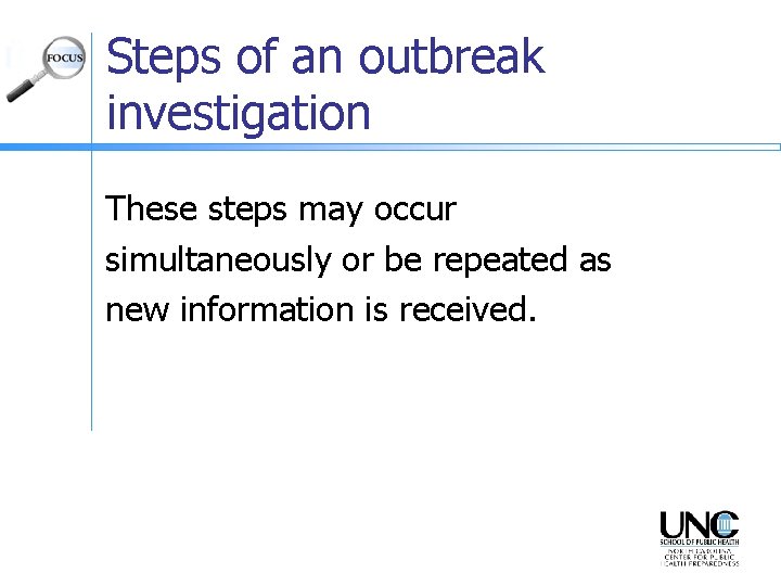 Steps of an outbreak investigation These steps may occur simultaneously or be repeated as