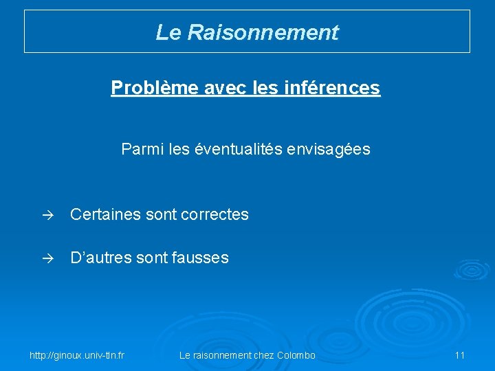 Le Raisonnement Problème avec les inférences Parmi les éventualités envisagées Certaines sont correctes D’autres