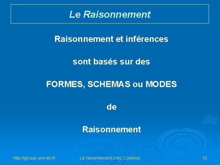 Le Raisonnement et inférences sont basés sur des FORMES, SCHEMAS ou MODES de Raisonnement