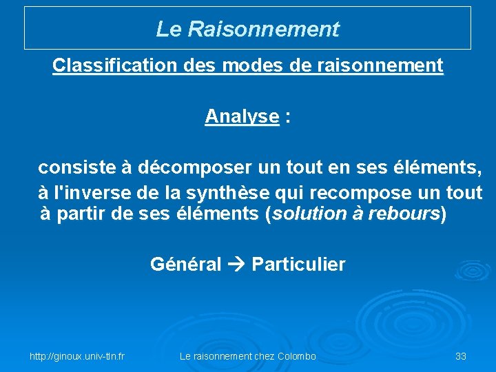 Le Raisonnement Classification des modes de raisonnement Analyse : consiste à décomposer un tout