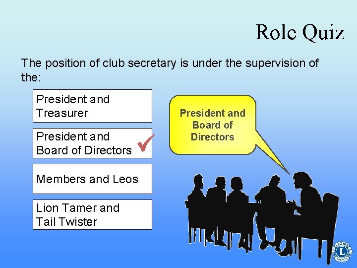 Role Quiz The position of club secretary is under the supervision of the: President