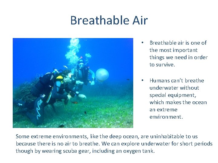 Breathable Air • Breathable air is one of the most important things we need