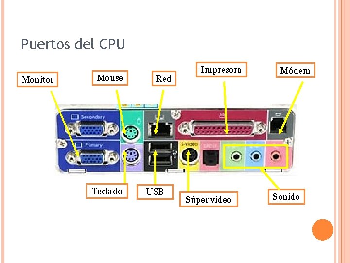 Puertos del CPU Monitor Mouse Teclado Red USB Impresora Súper video Módem Sonido 