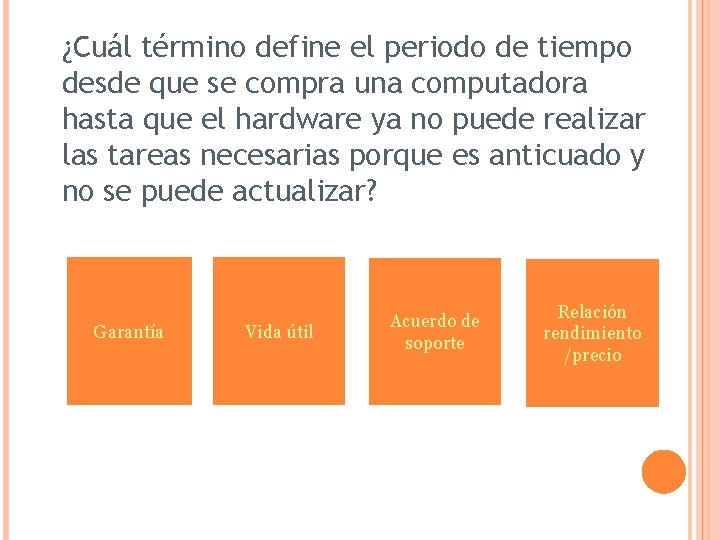 ¿Cuál término define el periodo de tiempo desde que se compra una computadora hasta