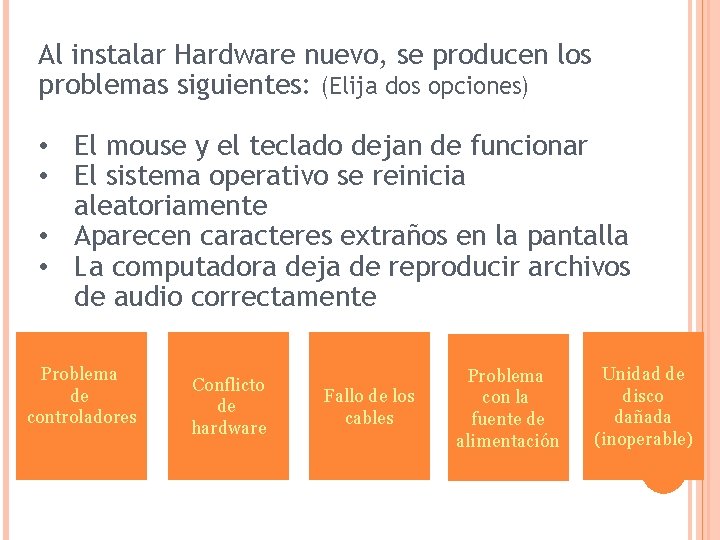 Al instalar Hardware nuevo, se producen los problemas siguientes: (Elija dos opciones) • El