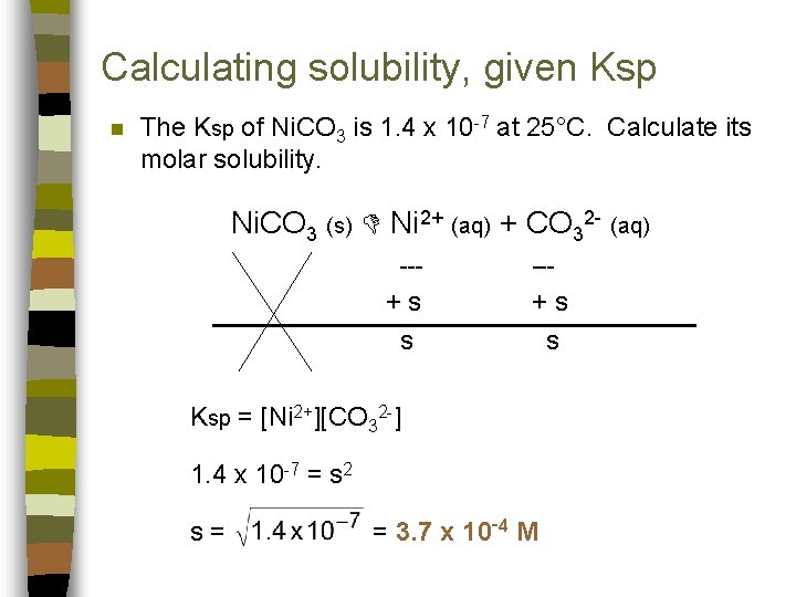 Calculating solubility, given Ksp n The Ksp of Ni. CO 3 is 1. 4