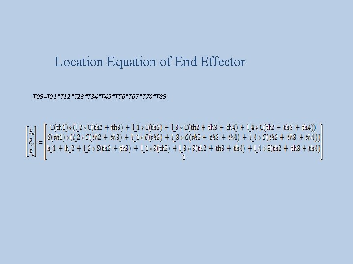 Location Equation of End Effector T 09=T 01*T 12*T 23*T 34*T 45*T 56*T 67*T
