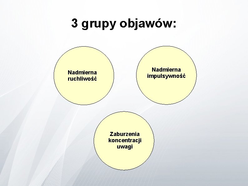 3 grupy objawów: Nadmierna impulsywność Nadmierna ruchliwość Zaburzenia koncentracji uwagi 