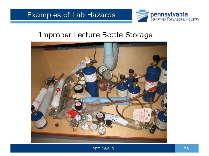 Examples of Lab Hazards Improper Lecture Bottle Storage PPT-066 -01 33 