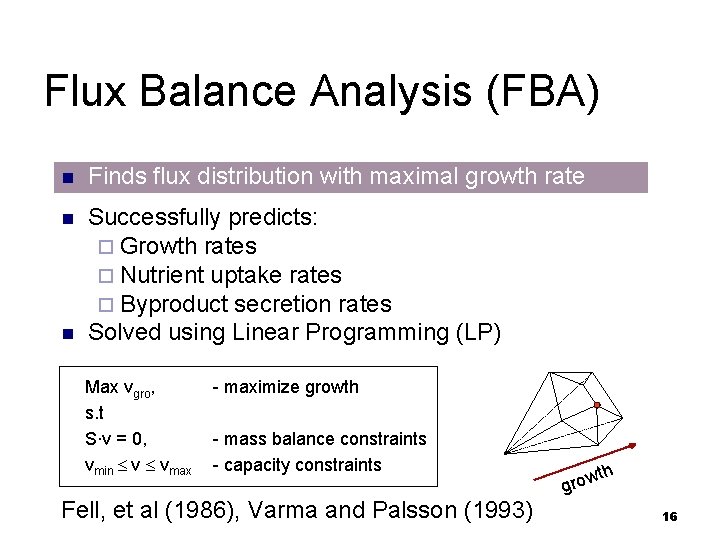 Flux Balance Analysis (FBA) n Finds flux distribution with maximal growth rate n Successfully