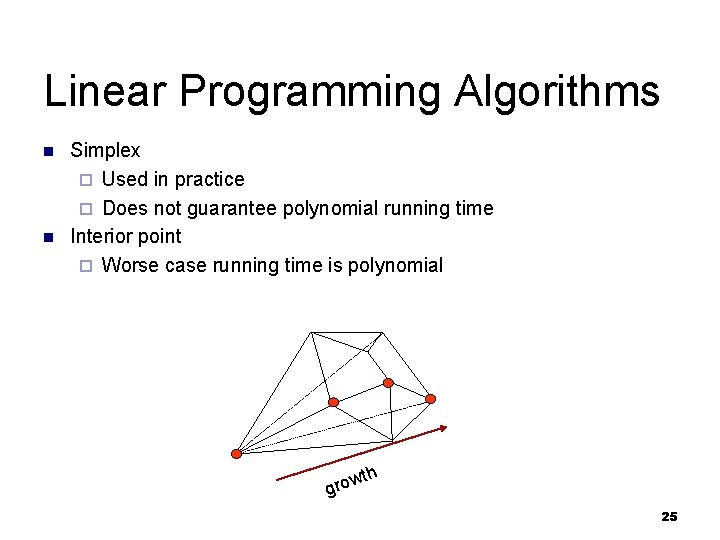 Linear Programming Algorithms n n Simplex ¨ Used in practice ¨ Does not guarantee