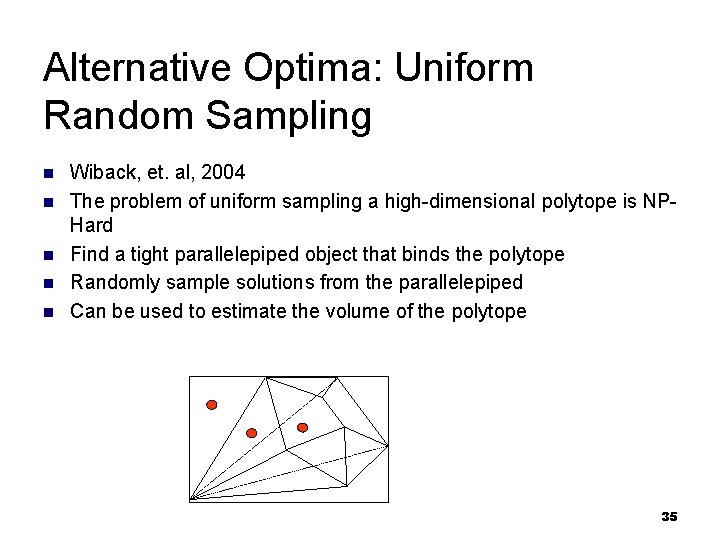 Alternative Optima: Uniform Random Sampling n n n Wiback, et. al, 2004 The problem