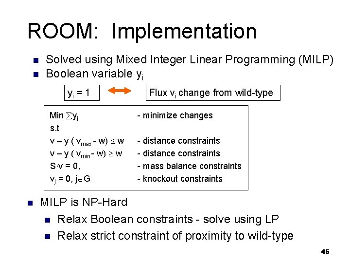 ROOM: Implementation n n Solved using Mixed Integer Linear Programming (MILP) Boolean variable yi
