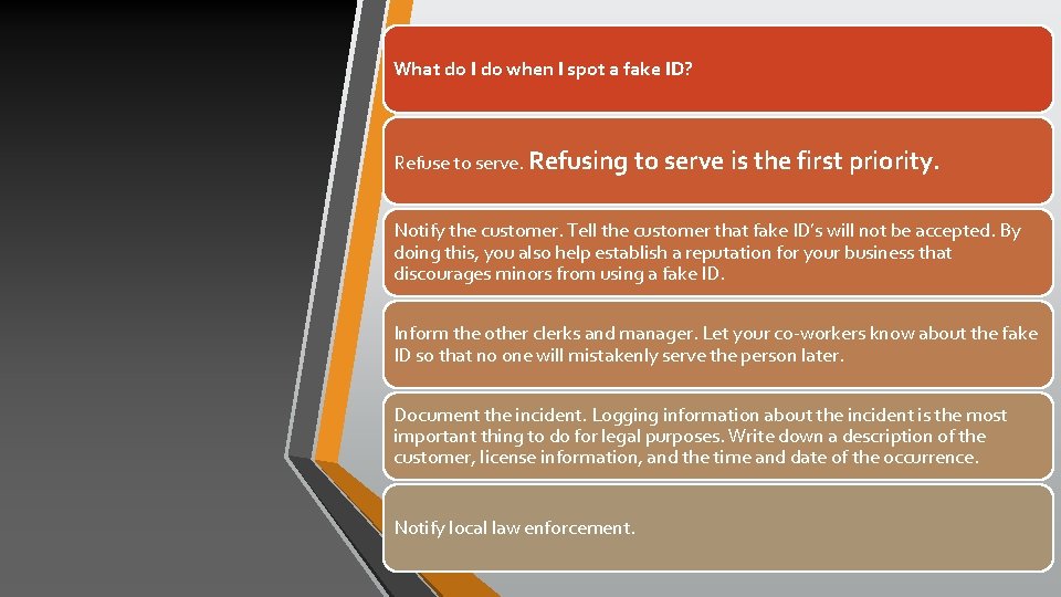 What do I do when I spot a fake ID? Refuse to serve. Refusing