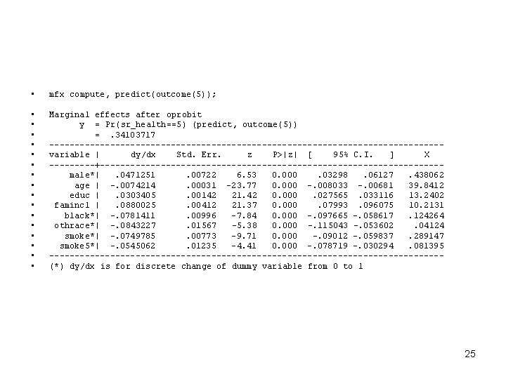 • mfx compute, predict(outcome(5)); • • • • Marginal effects after oprobit y • mfx compute, predict(outcome(5)); • • • • Marginal effects after oprobit y