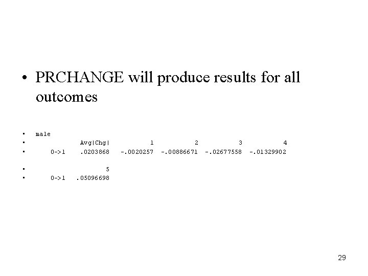 • PRCHANGE will produce results for all outcomes • • • male 0 • PRCHANGE will produce results for all outcomes • • • male 0