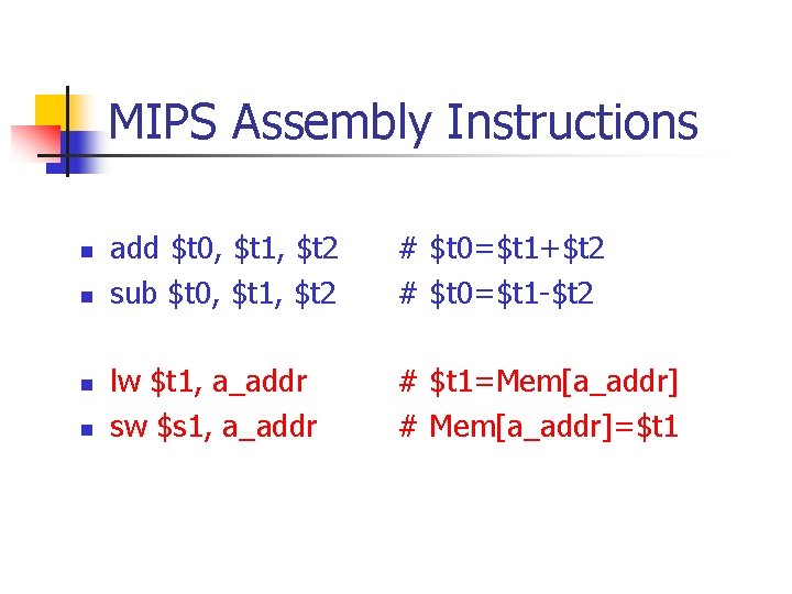 MIPS Assembly Instructions n n add $t 0, $t 1, $t 2 sub $t