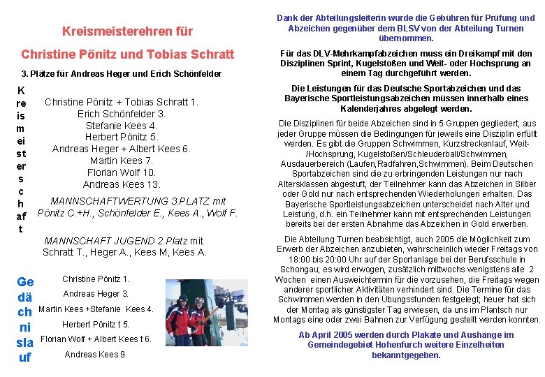 Kreismeisterehren für Christine Pönitz und Tobias Schratt 3. Plätze für Andreas Heger und Erich