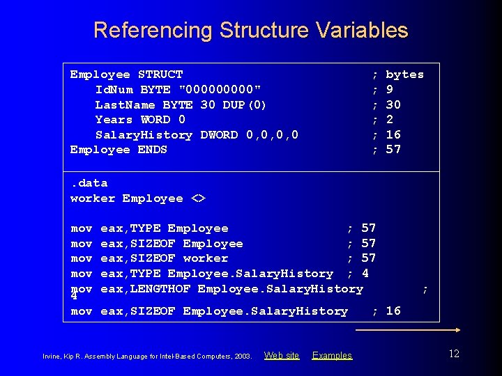 Referencing Structure Variables Employee STRUCT Id. Num BYTE "00000" Last. Name BYTE 30 DUP(0)