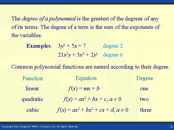 The degree of a polynomial is the greatest of the degrees of any of