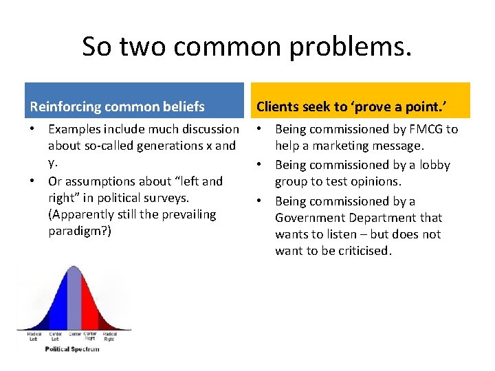 So two common problems. Reinforcing common beliefs Clients seek to ‘prove a point. ’