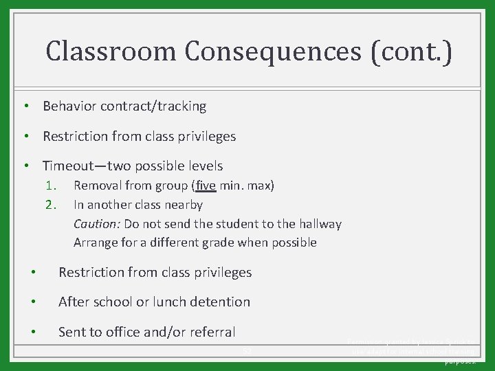 Classroom Consequences (cont. ) • Behavior contract/tracking • Restriction from class privileges • Timeout—two