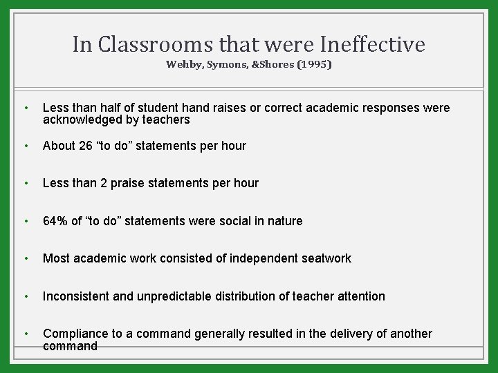 In Classrooms that were Ineffective Wehby, Symons, &Shores (1995) • Less than half of