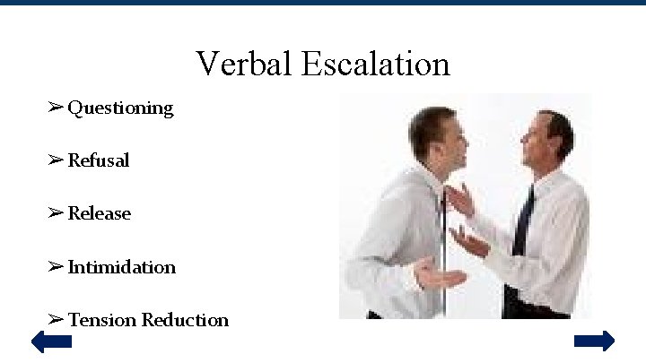 Verbal Escalation ➢ Questioning ➢ Refusal ➢ Release ➢ Intimidation ➢ Tension Reduction 