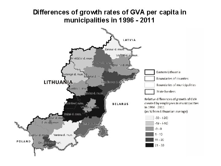 Differences of growth rates of GVA per capita in municipalities in 1996 - 2011