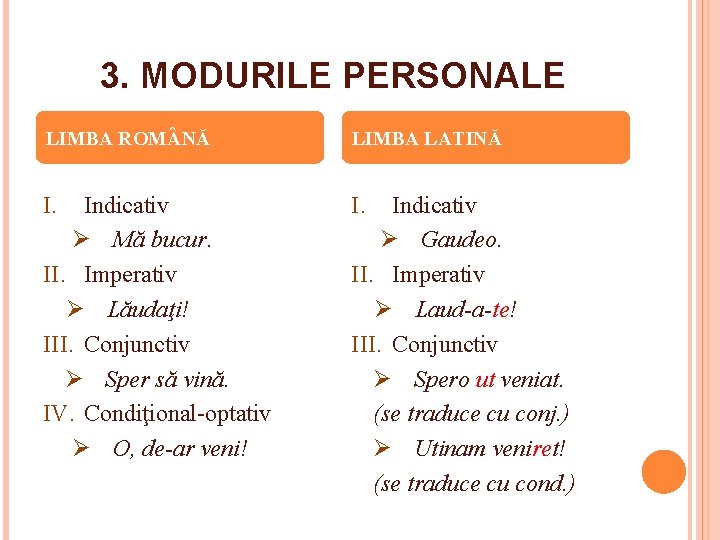 3. MODURILE PERSONALE LIMBA ROM NĂ LIMBA LATINĂ I. Indicativ Ø Mă bucur. II.