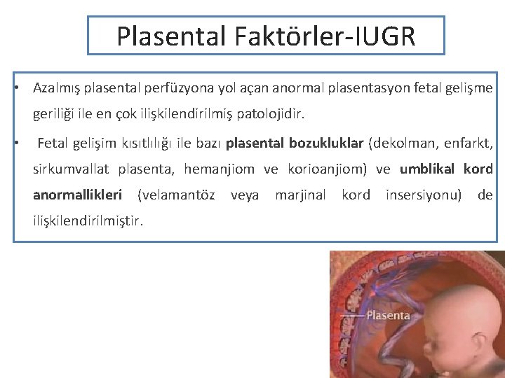 Plasental Faktörler-IUGR • Azalmış plasental perfüzyona yol açan anormal plasentasyon fetal gelişme geriliği ile