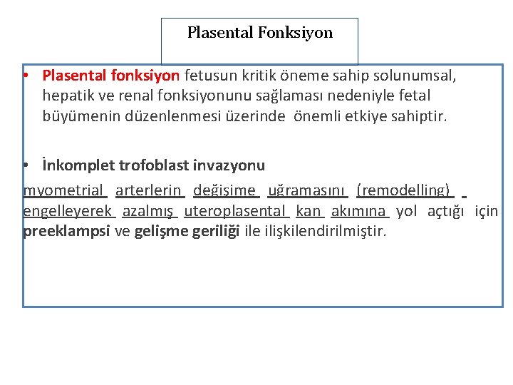 Plasental Fonksiyon • Plasental fonksiyon fetusun kritik öneme sahip solunumsal, hepatik ve renal fonksiyonunu