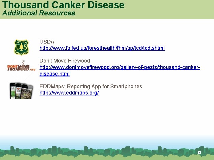 Thousand Canker Disease Additional Resources USDA http: //www. fs. fed. us/foresthealth/fhm/sp/tcd. shtml Don’t Move