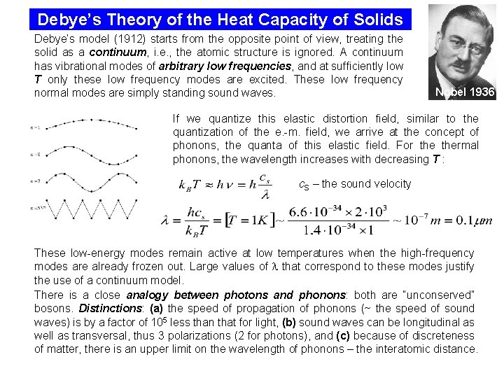 Debye’s Theory of the Heat Capacity of Solids Debye’s model (1912) starts from the