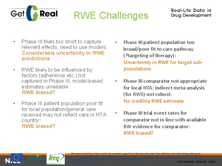 RWE Challenges • Phase III trials too short to capture relevant effects, need to