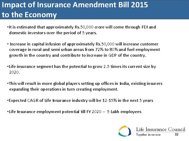 Impact of Insurance Amendment Bill 2015 to the Economy n • It is estimated