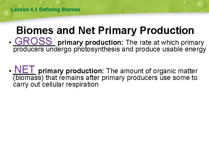 Lesson 6. 1 Defining Biomes and Net Primary Production GROSS primary production: The rate