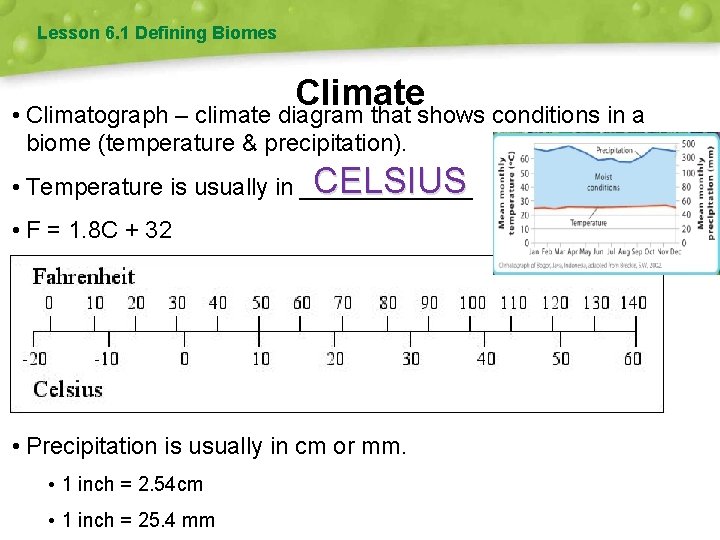Lesson 6. 1 Defining Biomes Climate • Climatograph – climate diagram that shows conditions