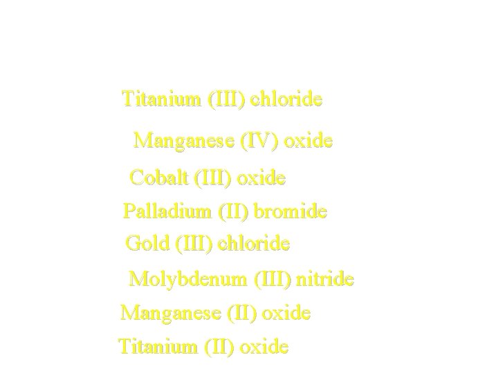 Name the following • • Ti. Cl 3 Titanium (III) chloride Mn 2 O Name the following • • Ti. Cl 3 Titanium (III) chloride Mn 2 O