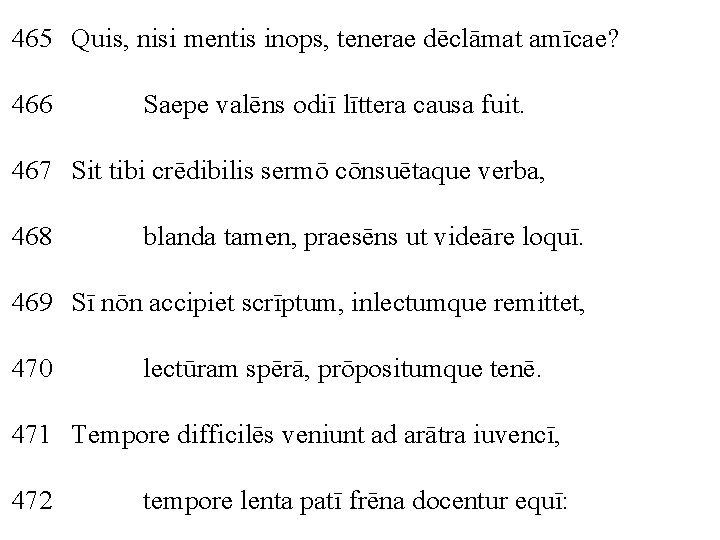 465 Quis, nisi mentis inops, tenerae dēclāmat amīcae? 466 Saepe valēns odiī līttera causa